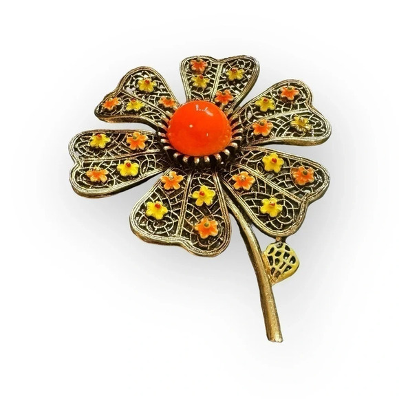 Signed ART Gold Multicolored Enamel Flower Brooch - Picture 2 of 9